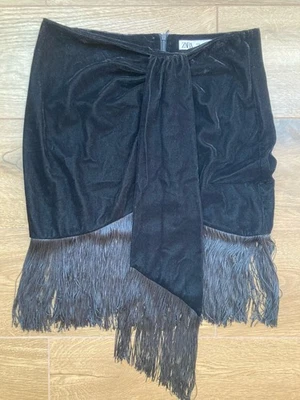 Zara Black Fringed Velvet Skirt Size M - Image 1 of 4