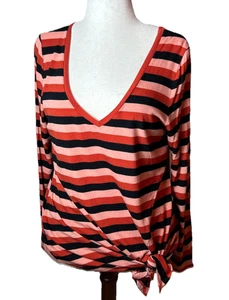 EXPRESS One Eleven  V-Neck Side Tie Top ORANGE-PEACH-BLACK Stripe Size L - Picture 1 of 3
