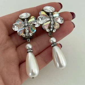 Vintage AB Crystal Faux Pearl Big Chunky Statement Omega Back Dangle Earrings - Picture 1 of 8