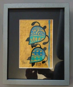 HAWAIIAN TAPA on Mulberry Bark TURTLE/HONA Image Framed & Matted 9" x 10.75" - Picture 1 of 6