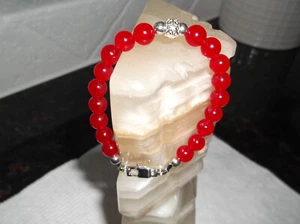 UNISEX 7 3/4" 8 mm Red Jade sterling silver beaded bracelet - Picture 1 of 7