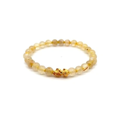 18K Gold Dragon Pixiu Piyao Lucky Charm Bracelet Gemstones Rutilated Quartz 6mm - Image 1 of 4