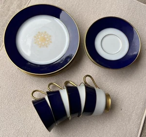 4 tazas de té, platillos y platos de postre Heinrich medallón de oro cobalto real Baviera - Imagen 1 de 8