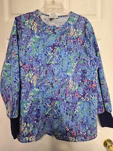 Crest Scrub Jacket Size S-Blue Geometric Style Snap-Up-Chest 23"/L 27.5" - Picture 1 of 5