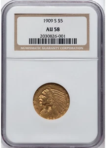 1909-S INDIAN HEAD $5 HALF EAGLE GOLD NGC AU58 - Picture 1 of 4