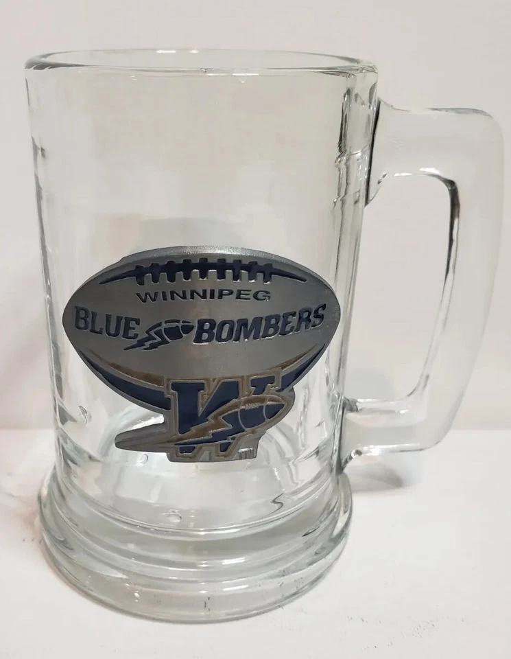 Taza de cerveza de vidrio Winnipeg Blue Bombers. Logo de peltre 500 ml. Nunca usado Foto 1 de 4