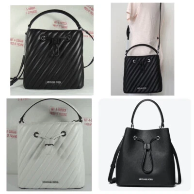 Michael Kors Suri Medium Black White Quilted Leather Bucket Crossbody Purse Bag - Image 1 of 4