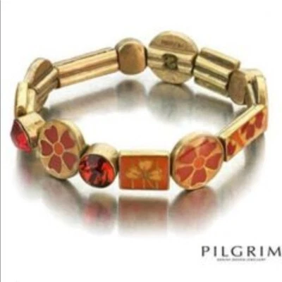 PILGRIM Gold Plated Red Swarovski Crystals Enamel Flowers bracelet - Image 1 of 4
