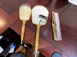 Vintage Vanity Set Hair Brush and Hand Mirror AND Comb, Gold plated floral - Picture 1 of 7