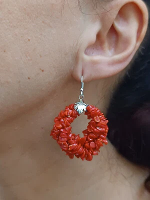 Ohrringe Damen Echt Koralle Rot Von Sardinien Kreis Silber Weiß Ohrhaken - Bild 1 von 4