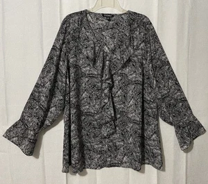 Roz & Ali Size 3X Career Black Gray Ruffle Front Long Sleeve Pullover Top Fancy - Picture 1 of 18