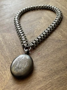 Antique Victorian Silver Collar & Locket Pendant - Picture 1 of 12