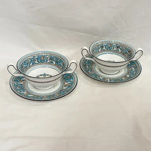 Set of 2x Cream Soup & Saucer Pairs, Florentine Turquoise by Wedgwood - Picture 1 of 15