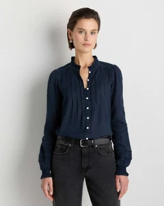 Quince Organic Textured Cotton Peasant Blouse in Navy Size M Women - Picture 1 of 16