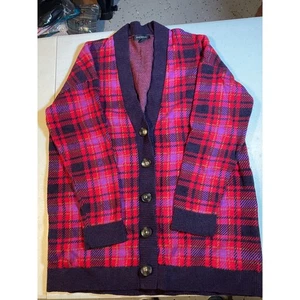 Ann Taylor karierte Strickjacke Pullover Knopfleiste Langarm rot lila Large - Bild 1 von 9