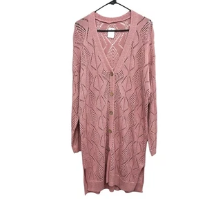 Pink Crochet Knit Cardigan Duster Womens 2X Long Button Front Boho Romantic - Picture 1 of 6