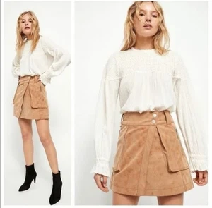 Free People Women's Brown Suede Boho Carson Mini Utility Skirt Size 2 NWT - Picture 1 of 8