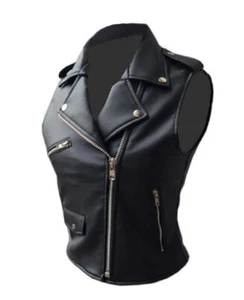Womens Brando Style Waistcoat Vest Real Leather Bikers Style Sexy Ladies Vest - Picture 1 of 5