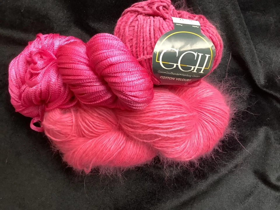 French Angora Large 161 yds + Silk Ribbon hand dyed + Cotton Chenille Hot Pink - Image 1 of 1