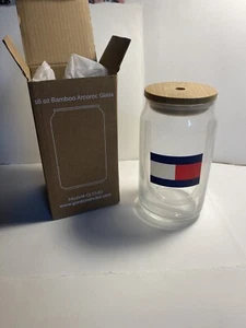 Tommy Hilfiger Glass Tumbler Cup w/ Straw Logo Flag Bamboo Wooden Cap Brand New - Picture 1 of 4