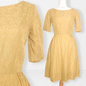 Gold Brocade Dress Ladies S Midi Pinup Rockabilly Satin Evening Prom 50s Vintage - Bild 1 von 16