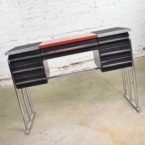 Art Deco Machine Age International Style Chrome & Black Desk Gilbert Rohde Attr Cover