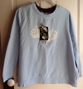 Breckenridge  Blue Embroidered Chickadees Pullover Sweatshirt Plus Size 2X - Picture 1 of 4