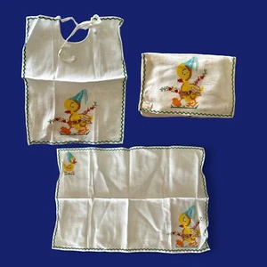 Antique Handmade Hand Embroidered Cloth Baby Bib & Napkin With Case Set - Picture 1 of 7