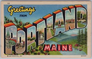 Grande lettera saluti da Portland Maine 1940 cartolina in lino - Foto 1 di 2