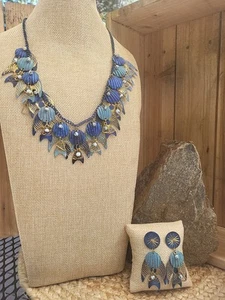 Blue & Gold Metal Work Bold Fish Motif Statement Necklace & Earring Set - Picture 1 of 16