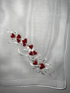 Vtg Wedding Bride Handkerchief Embroidered Valentine Hearts White Hanky 13" - Picture 1 of 6