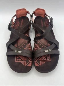 Sandalia Merrell para mujer de cuero con espiral de arena talla 9 espresso/rojo con tiras gancho y bucle - Imagen 1 de 9