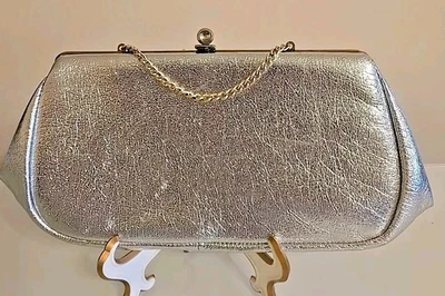 Metallic Silver Faux Leather Clutch Evening Bag Vintage 12" - Image 1 of 4