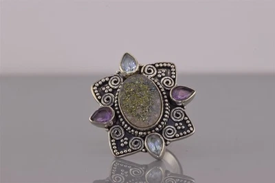 Jyttr Klove Sterling Silver Druzy Quartz Amethyst Topaz Band Ring 925 Sz: 6 - Image 1 of 4