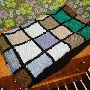 Vintage Blue Brown Green Patchwork Knitted Large Blanket bedspread Throw - Picture 1 of 10