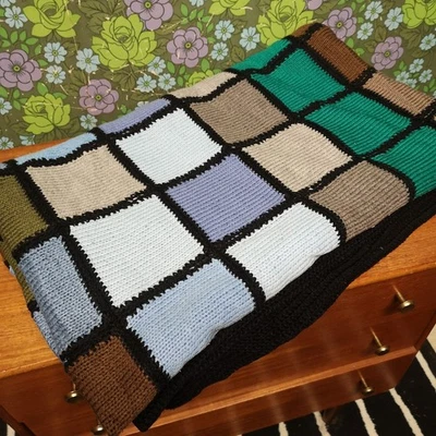 Vintage Blue Brown Green Patchwork Knitted Large Blanket bedspread Throw - Image 1 of 4
