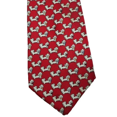 Salvatore Ferragamo Silk Dog Necktie Red White Puppy Animal Lover Dress Up Tie - Image 1 of 4