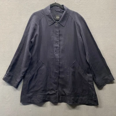 Eileen Fisher Lagenlook Loose Fit Linen Button Down Jacket Womens M Blue Pockets - Image 1 of 4