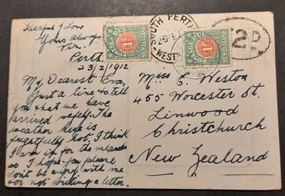 Postal sin sello de Perth, Australia a Nueva Zelanda 1912 con par de cuotas de franqueo Foto 1 de 2