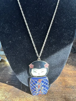 Vintage Articulated Enamel Japanese Geisha Girl Pendant Necklace EUC. - Image 1 of 4