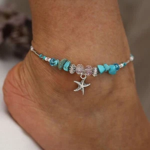 Neu Mode Antik Kristall Türkis Perlen Strand Muschel Yoga Fußkettchen Geschenk für sie - Bild 1 von 6