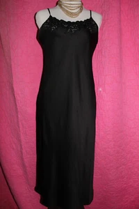 NATORI Black Matt Satin Slip Long NIghtgown Lace Trim Sexy Side Slit Size S - Picture 1 of 6