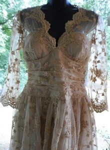 INCREDABLE! ANTIQUED GOLD LACE & SPARKLE PERAL GOWN SATIN LINED KEYHOLE BACK - Picture 1 of 24