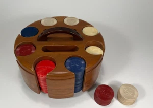Beautiful Bakelite Vintage Poker Chips Red, Blue & Cream & Rotating Wood Caddie - Picture 1 of 22