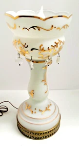 Vintage Frosted White Hurricane Lamp W/Gold Embellishments & Crystal Prisms - Picture 1 of 17