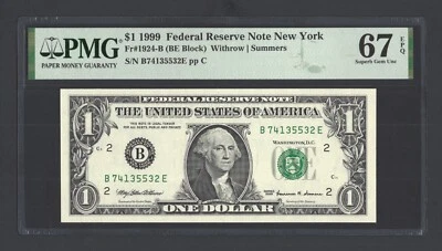 United States-Federal Reserve 1 Dollar 1999 Fr#1924-B (BE Block) UNC Grade 67 - Image 1 of 2