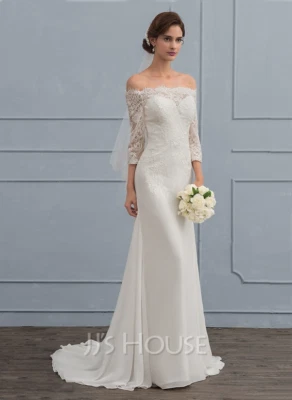 JJ'S HOUSE 121439 Off Shoulder Sweep Train Chiffon Wedding Dress Sz 8 NWT - Image 1 of 4