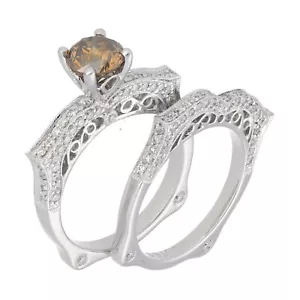 18k White Gold 1.05ct Cognac Diamond Engagement Wedding Set Ring's Size 6.5 - Picture 1 of 7