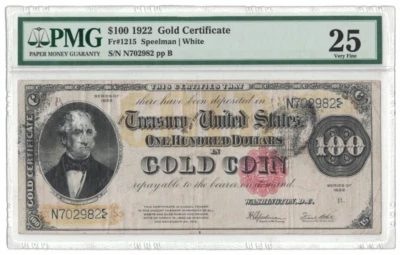 Billete blanco Speelman de 25 dólares certificado de oro de 1922 Fr#1215 PMG 25 VF H2441002 Foto 1 de 2