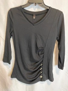 NWT Allegra Knit Top Sz S Black V Neck Buttons Side Front Pullover 3/4 Sleeves - Picture 1 of 18